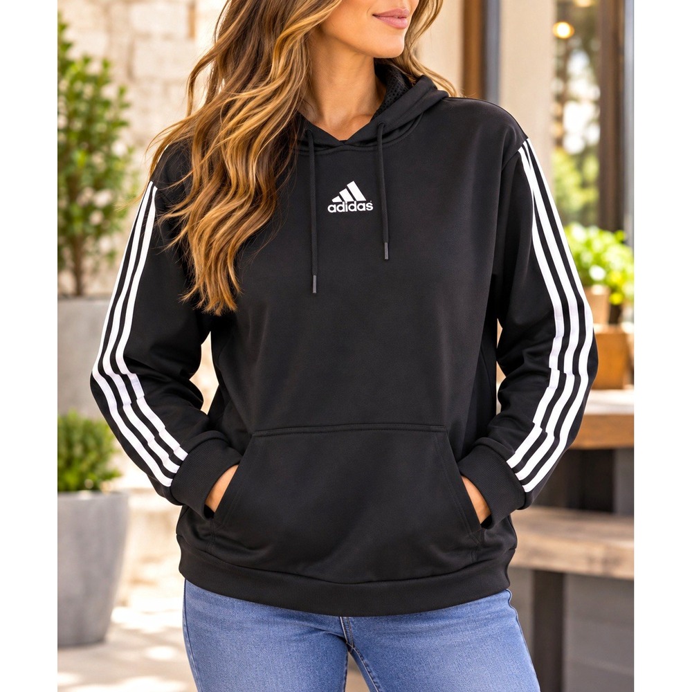 adidas Men’s Black Pullover Hoodie White 3-Stripes Mesh Lined Hood L